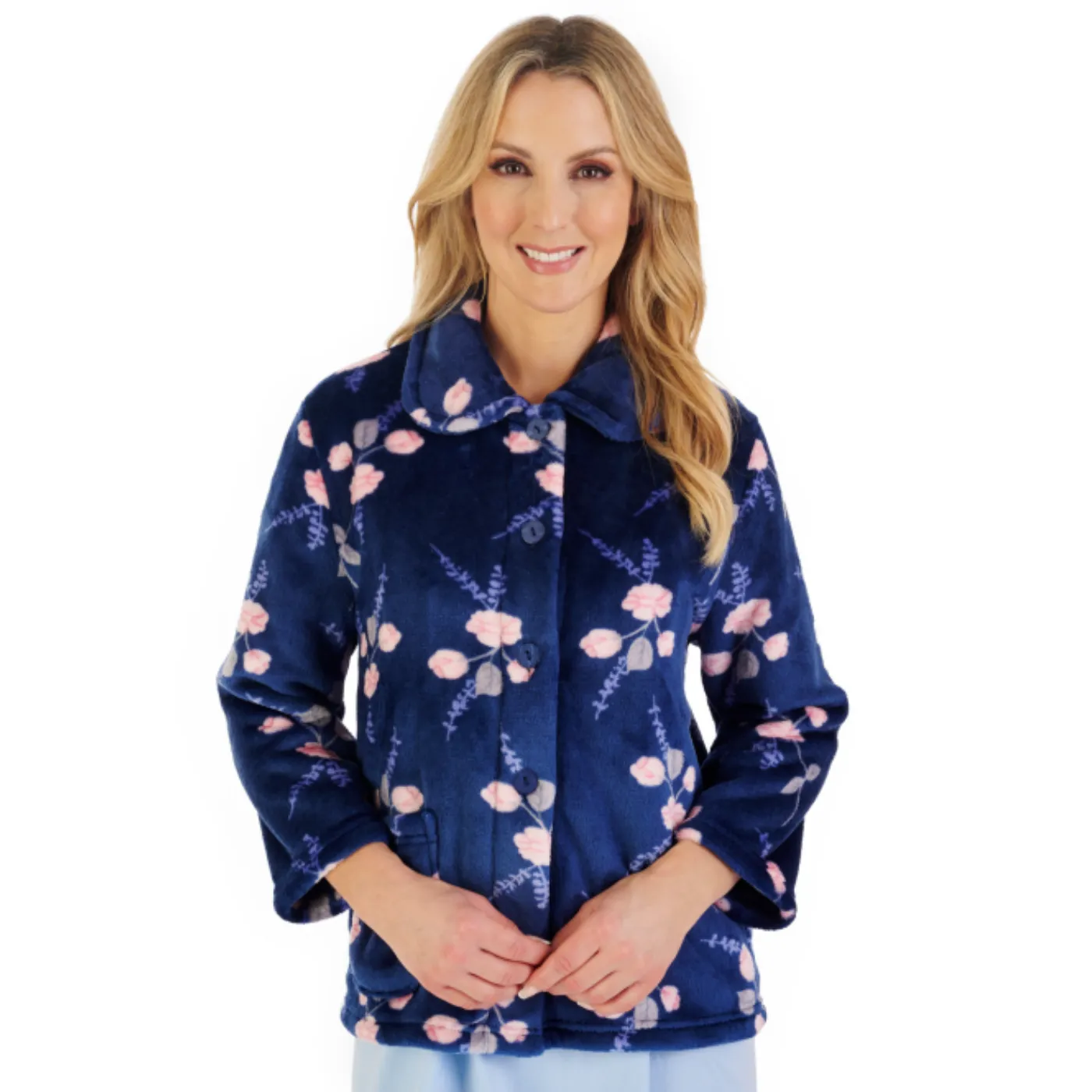 Slenderella 3/4 Sleeve Floral Bed Jacket | Navy