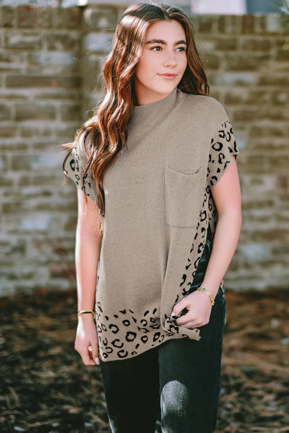 Smoke Gray Leopard Splicing Side Slit Short Sleeve Sweater