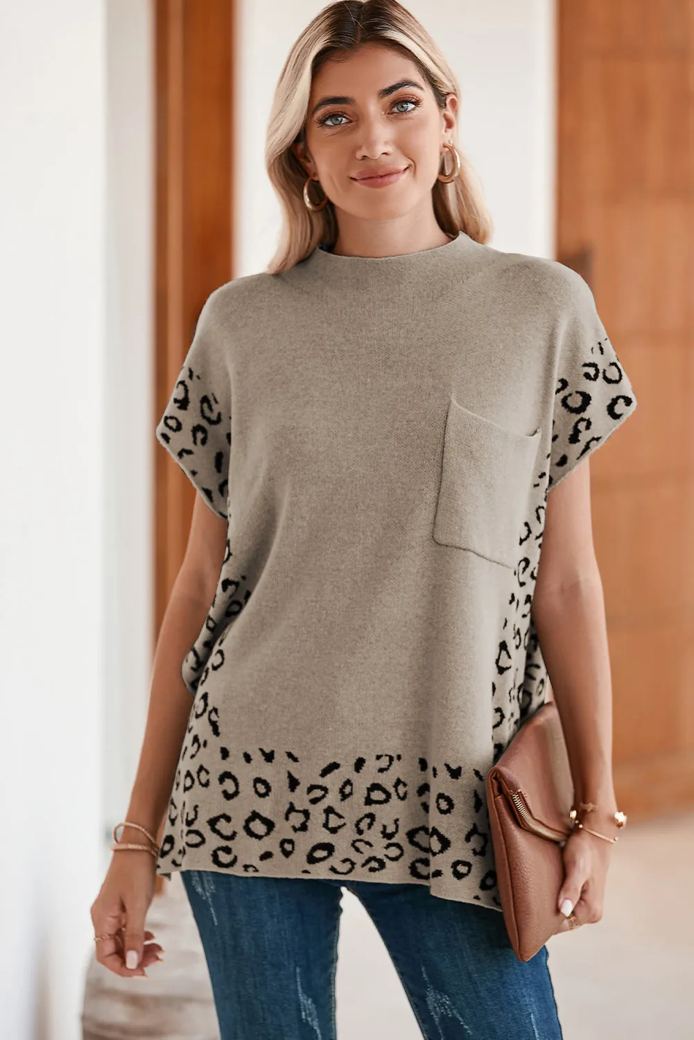 Smoke Gray Leopard Splicing Side Slit Short Sleeve Sweater