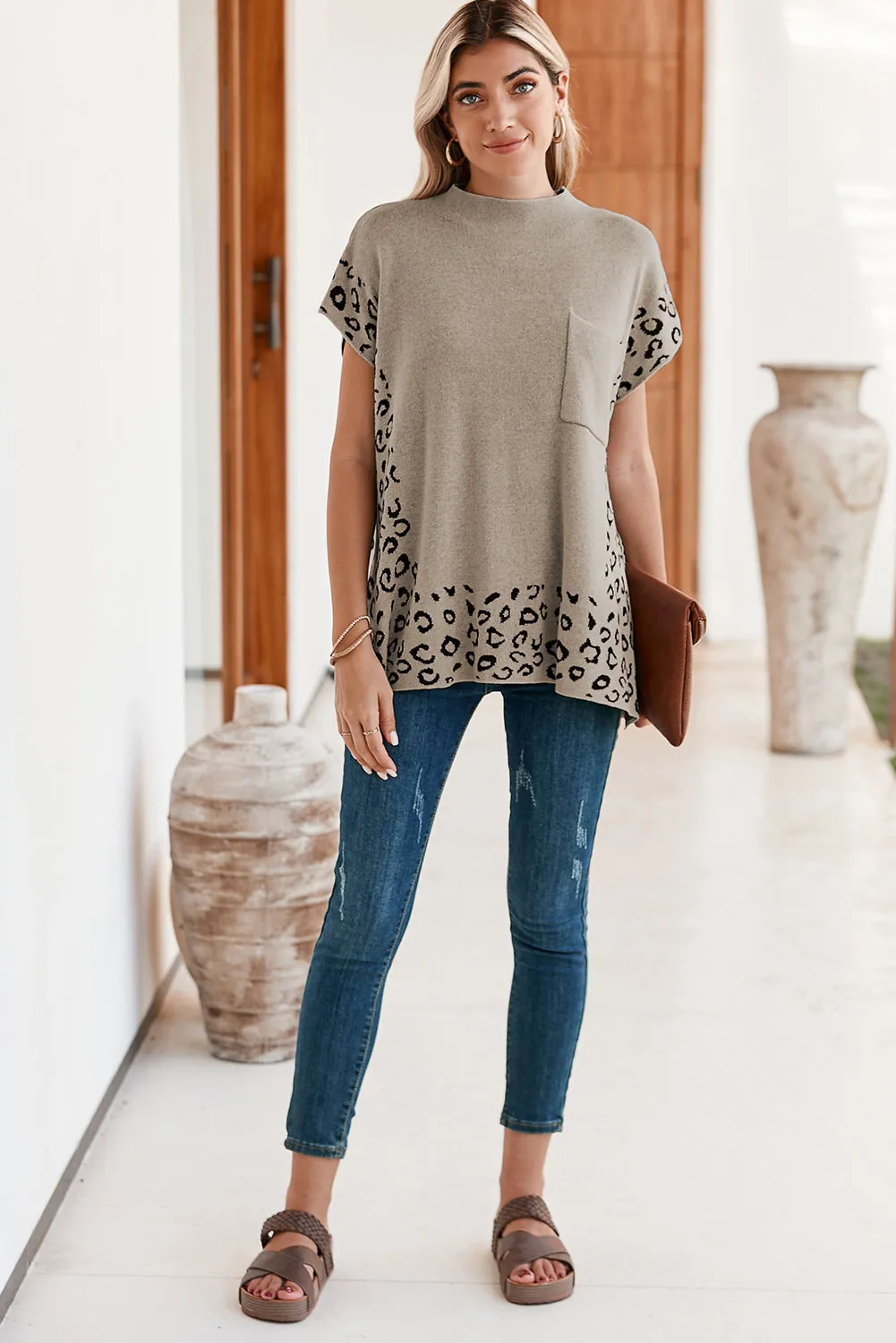 Smoke Gray Leopard Splicing Side Slit Short Sleeve Sweater