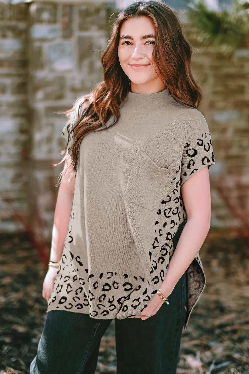 Smoke Gray Leopard Splicing Side Slit Short Sleeve Sweater