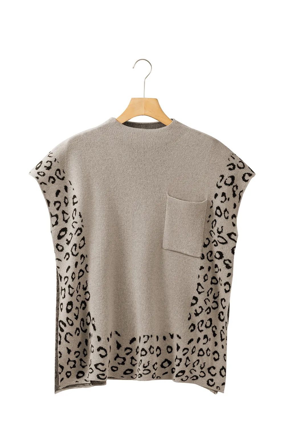 Smoke Gray Leopard Splicing Side Slit Short Sleeve Sweater