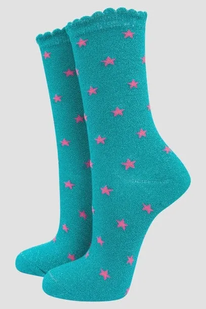 Sock Talk Star Print Aqua Glitter Socks