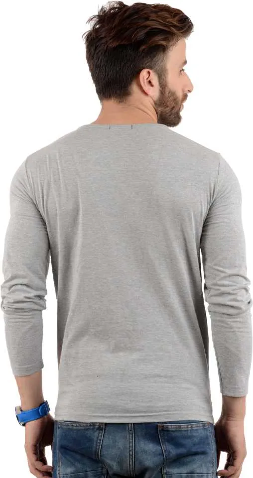 Solid Melange Grey Full Sleeve Henley Neck Plain Cotton Tshirt For Men By LazyChunks