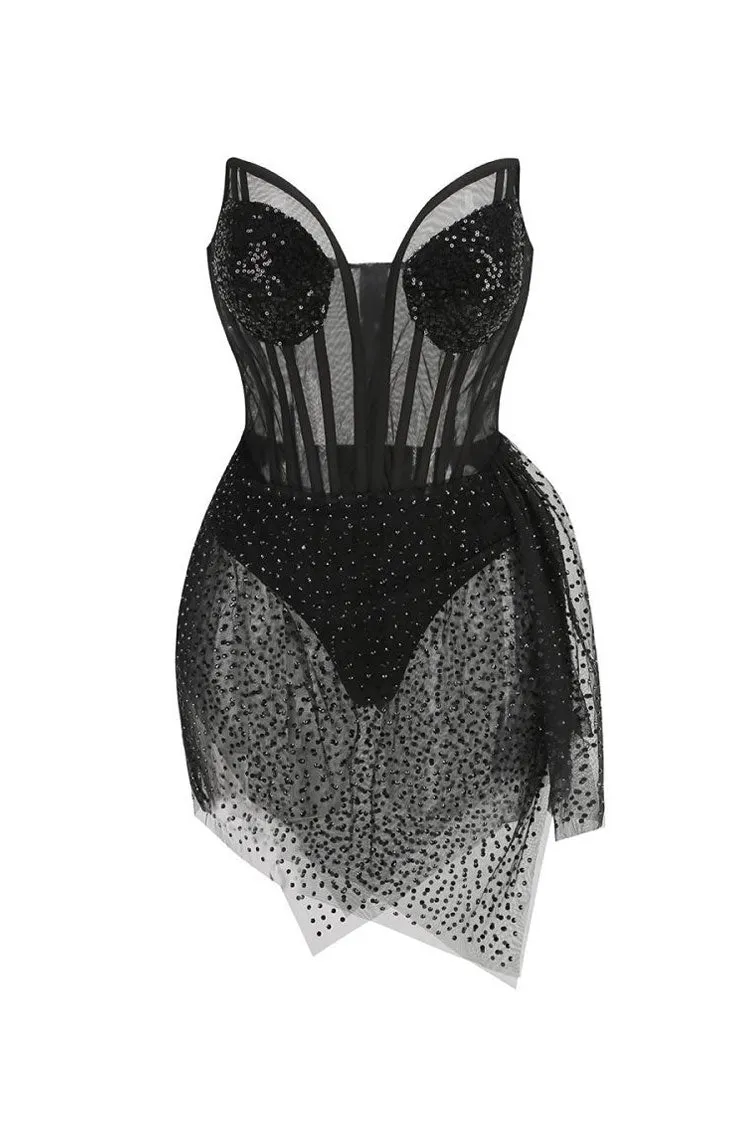 Sparkly Sequin Sweetheart Bustier Sheer Mesh Corset Rhinestone Club Mini Dress