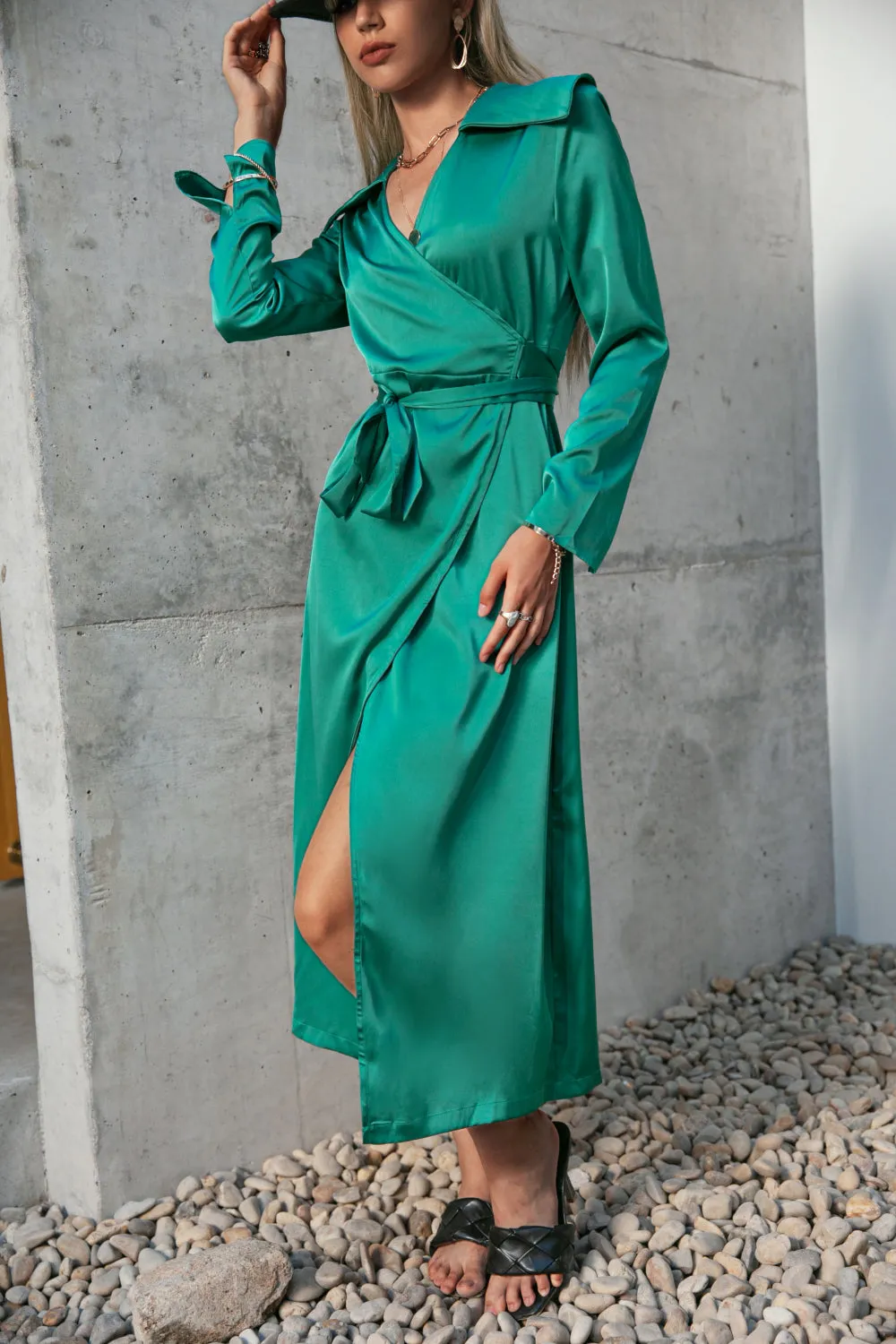 Statement Collar Wrap Midi Dress