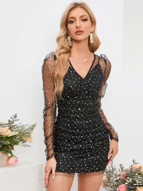 Stellar Sheer Sleeves Black Sequined Dress