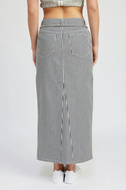 Striped Twill Maxi Skirt With Slit