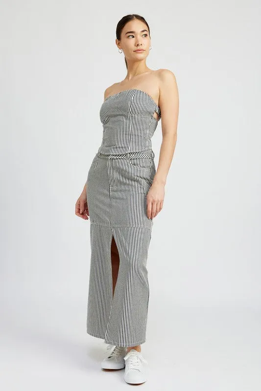 Striped Twill Maxi Skirt With Slit