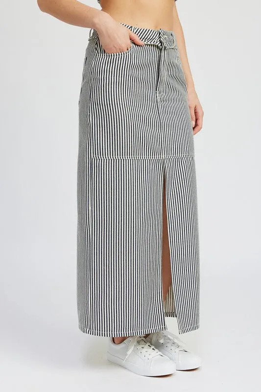 Striped Twill Maxi Skirt With Slit