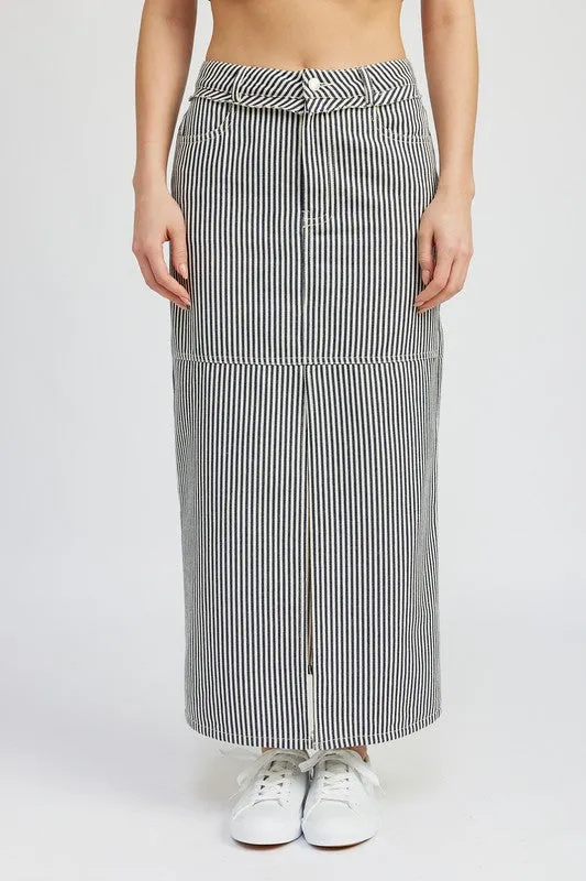 Striped Twill Maxi Skirt With Slit