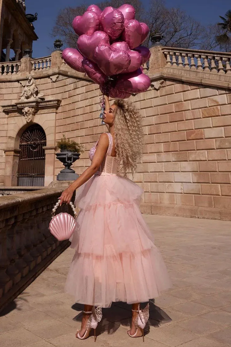 Stunning Off Shoulder Bustier Sheer Corset Layered Tulle Cocktail Midi Dress - Pink