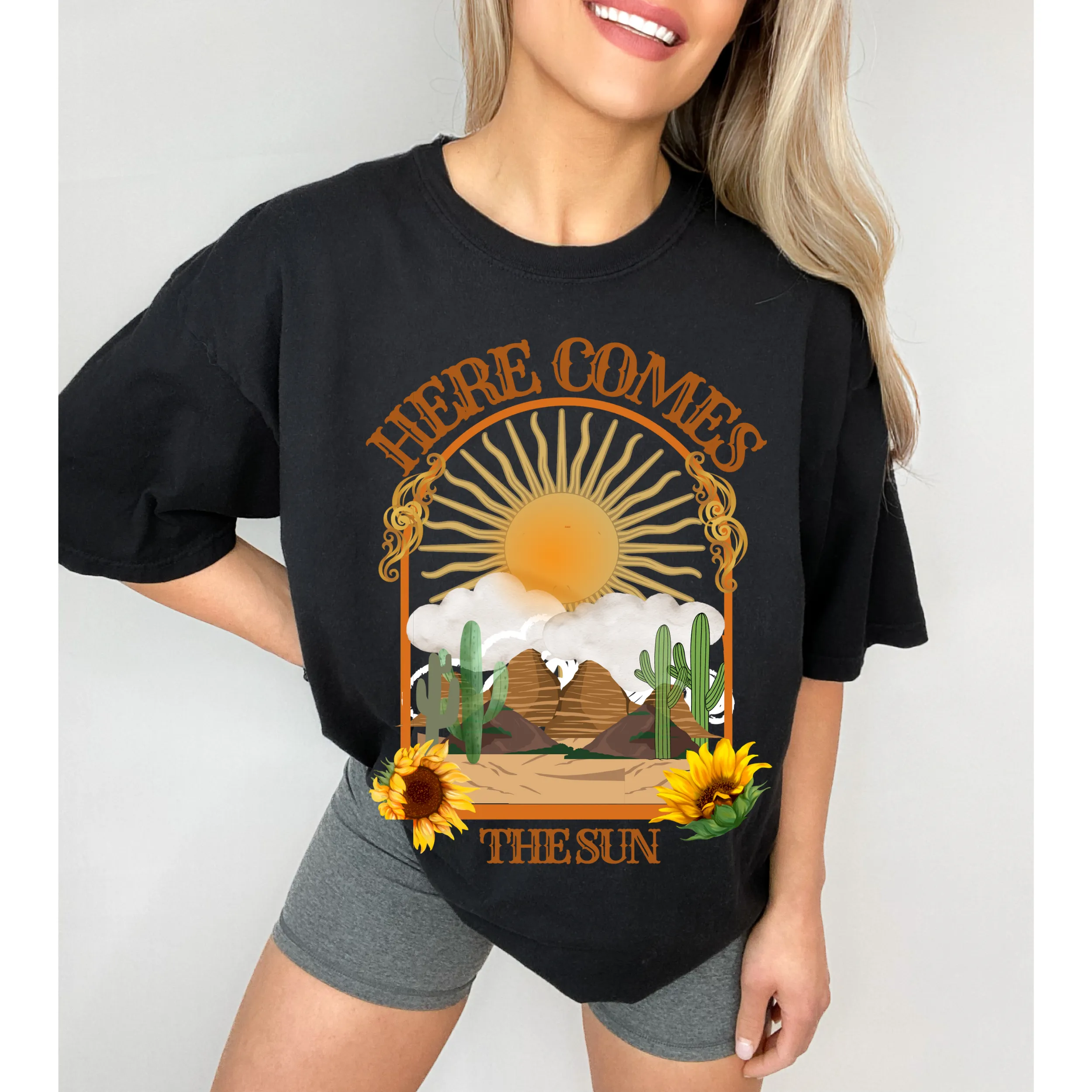 Summer Here Comes the Sun Unisex Garment-Dyed T-shirt Comfort Colors®, Desert-Inspired Design, Mother's Day Gift, Gift for Mom, Spring Tee