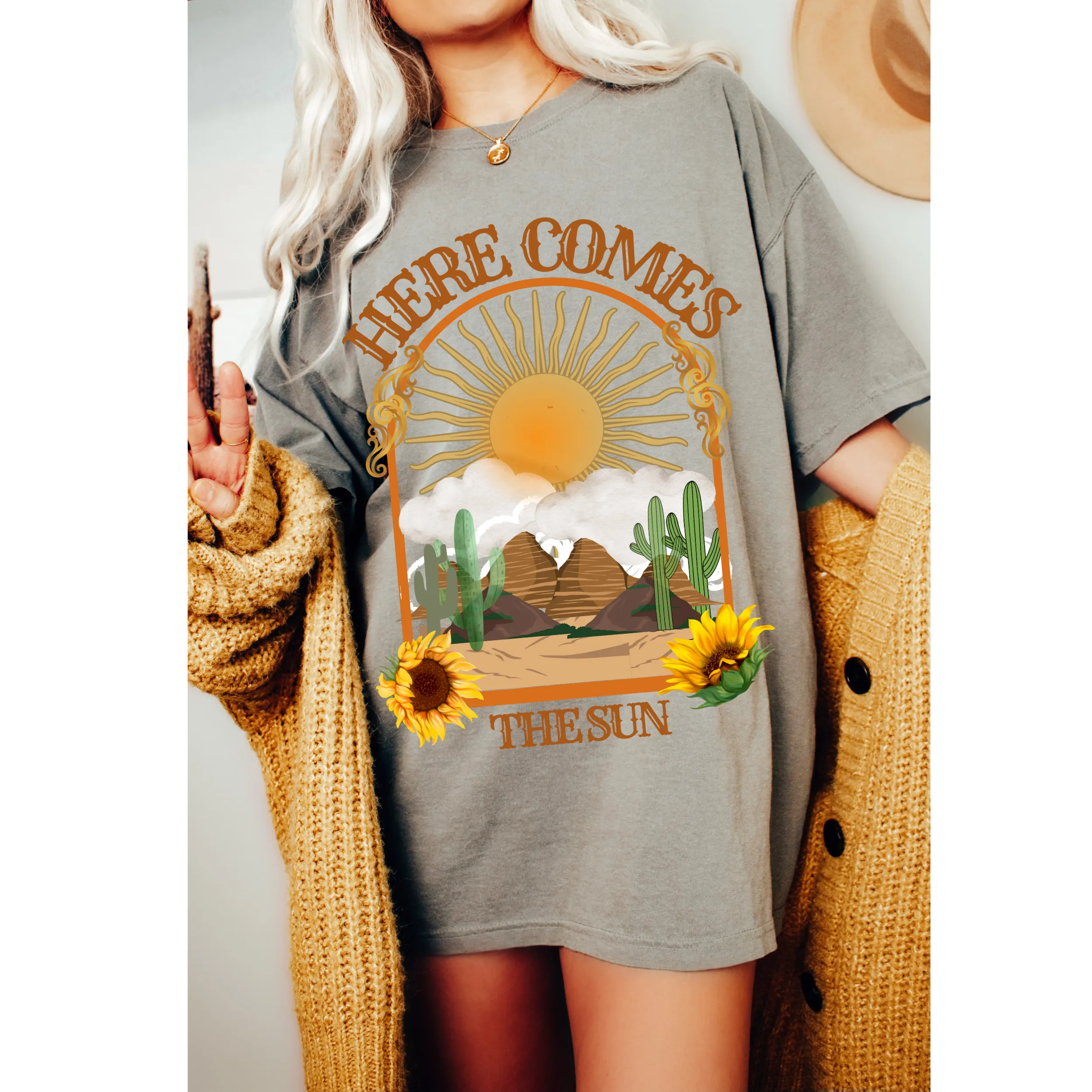 Summer Here Comes the Sun Unisex Garment-Dyed T-shirt Comfort Colors®, Desert-Inspired Design, Mother's Day Gift, Gift for Mom, Spring Tee