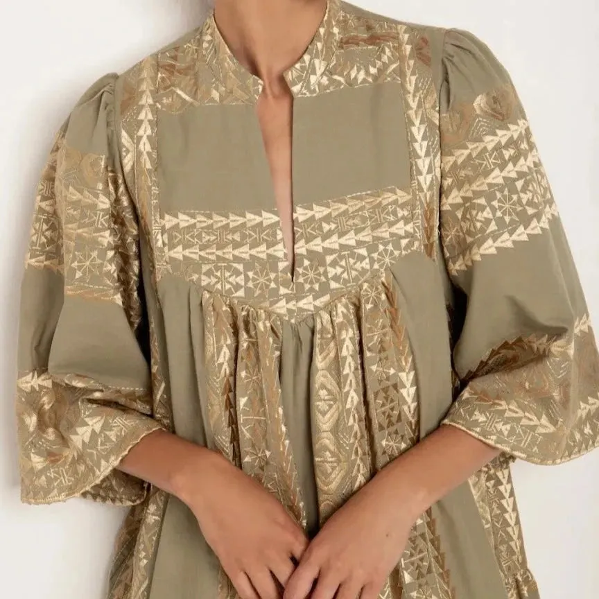 Tea & Gold Linen Dress with 3/4 sleeve