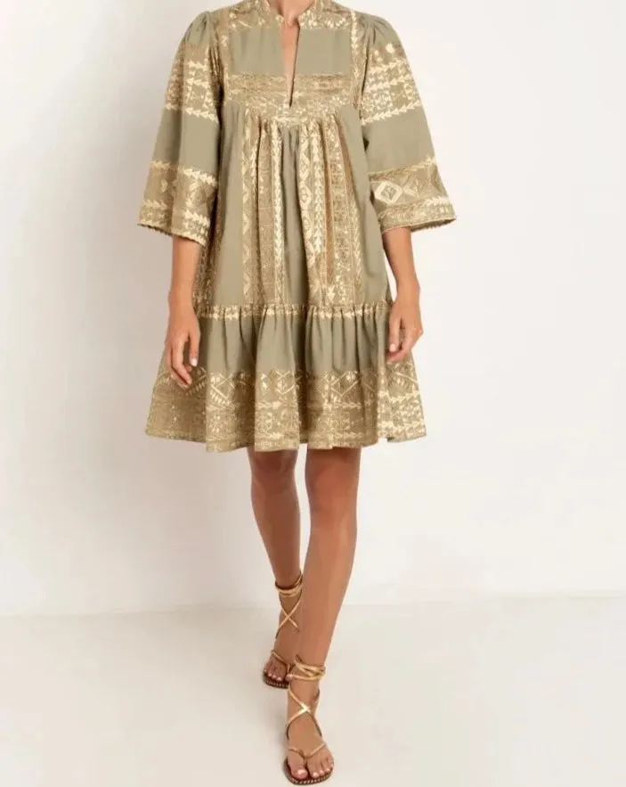 Tea & Gold Linen Dress with 3/4 sleeve