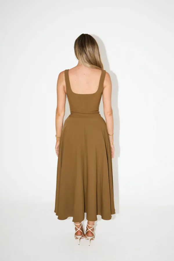 The Ultimate Muse Low Waist Square Neck Midi Dress Olive