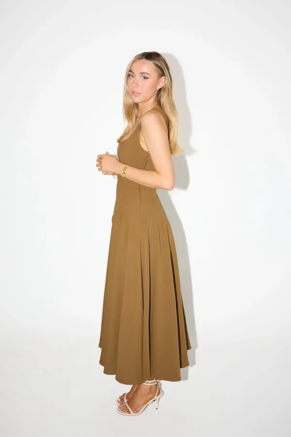 The Ultimate Muse Low Waist Square Neck Midi Dress Olive