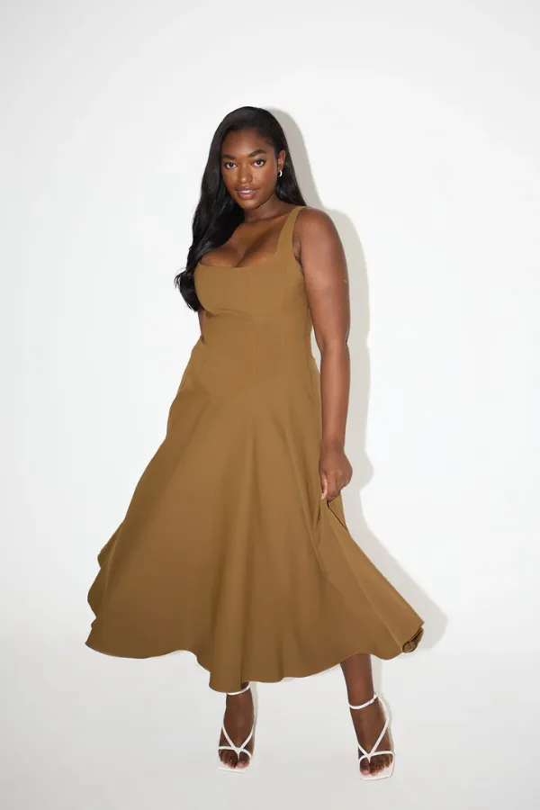 The Ultimate Muse Low Waist Square Neck Midi Dress Olive