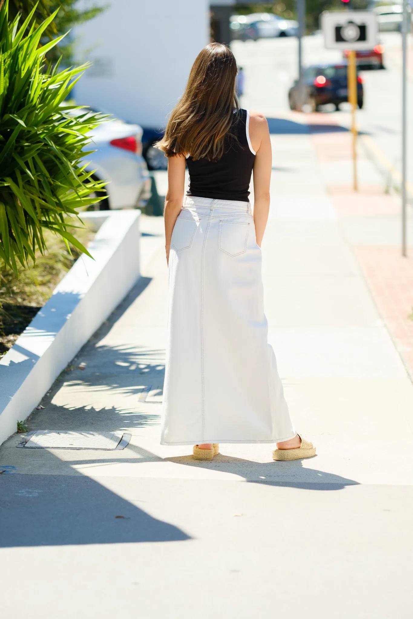 THEO Denim Maxi Skirt - White