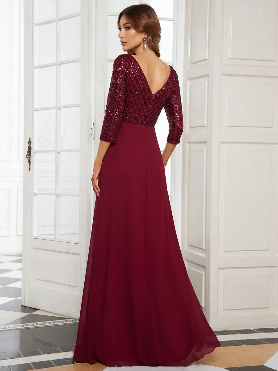 V Neck Long Formal Dress with Sequins - Red