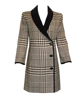 Valentino Late 70s Brown and Ivory Houndstooth Wool Coat with Velvet Trim