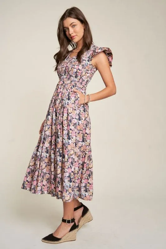 Vintage Garden Floral Flutter Smocking Midi Dress