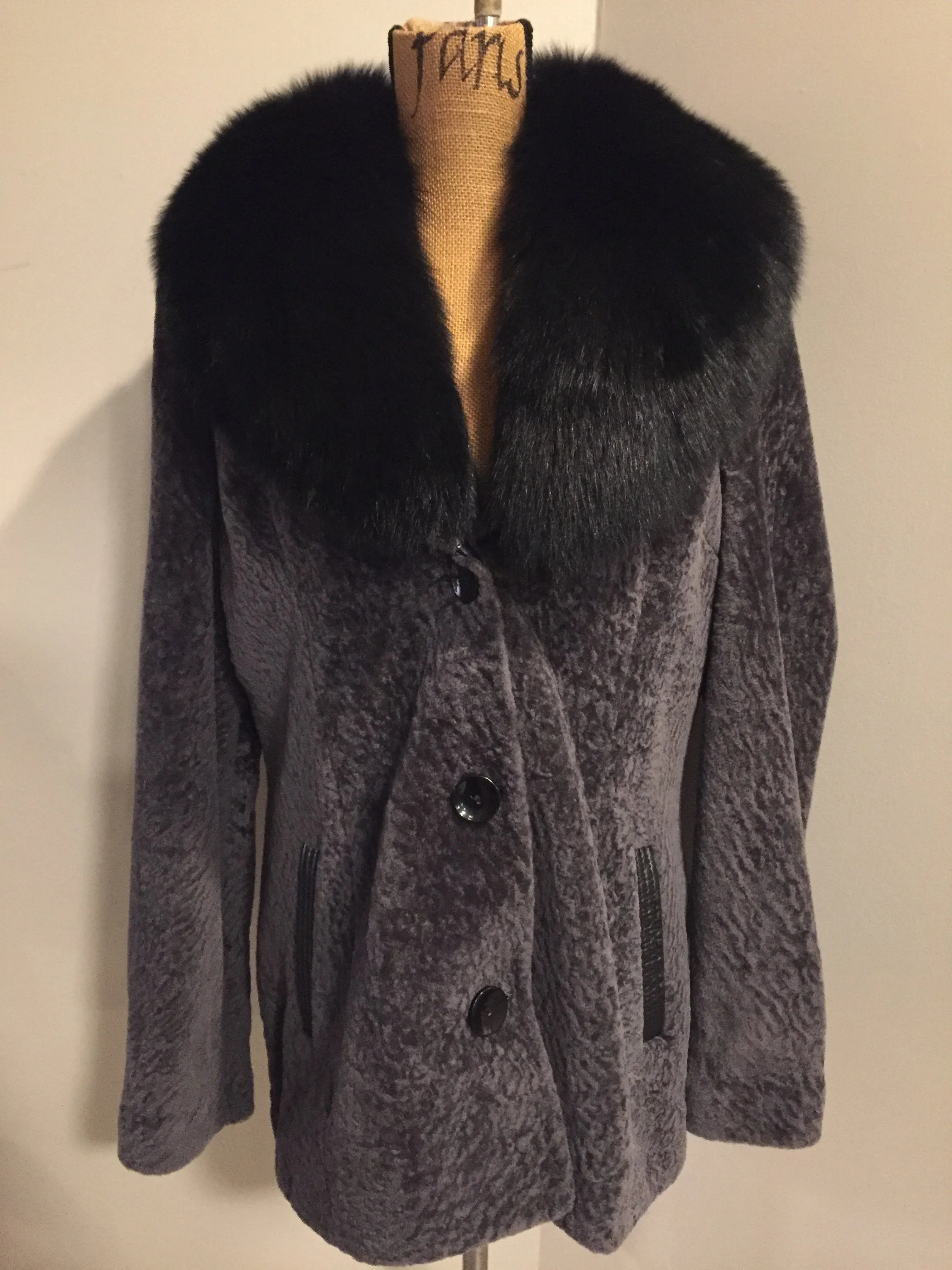 Vintage Overland (USA) mottled grey shearling with full fox shawl collar., SOLD