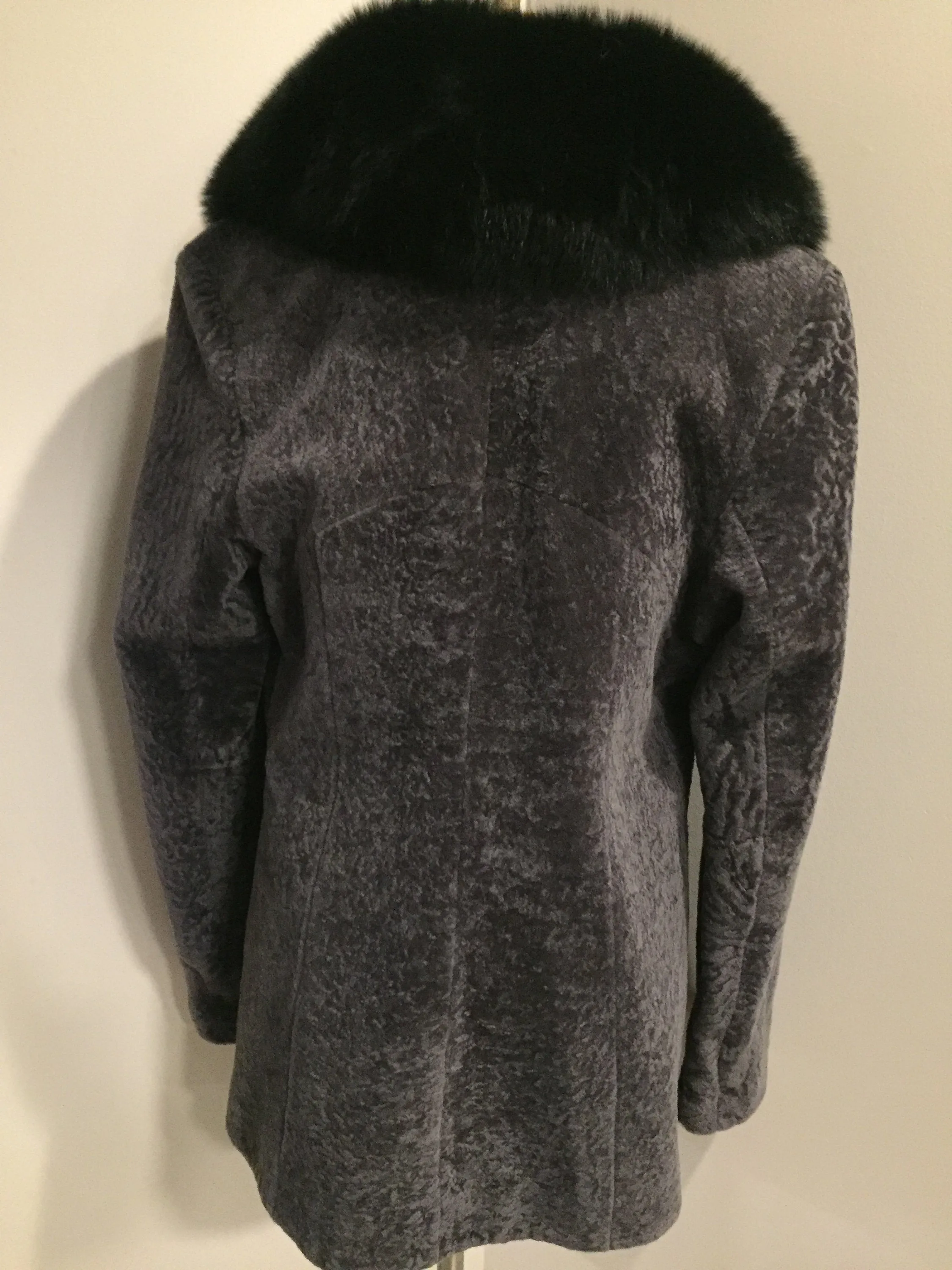 Vintage Overland (USA) mottled grey shearling with full fox shawl collar., SOLD