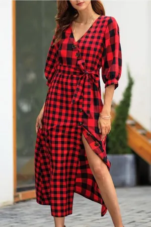 Vintage Plaid Wrap Knot Mid Dress