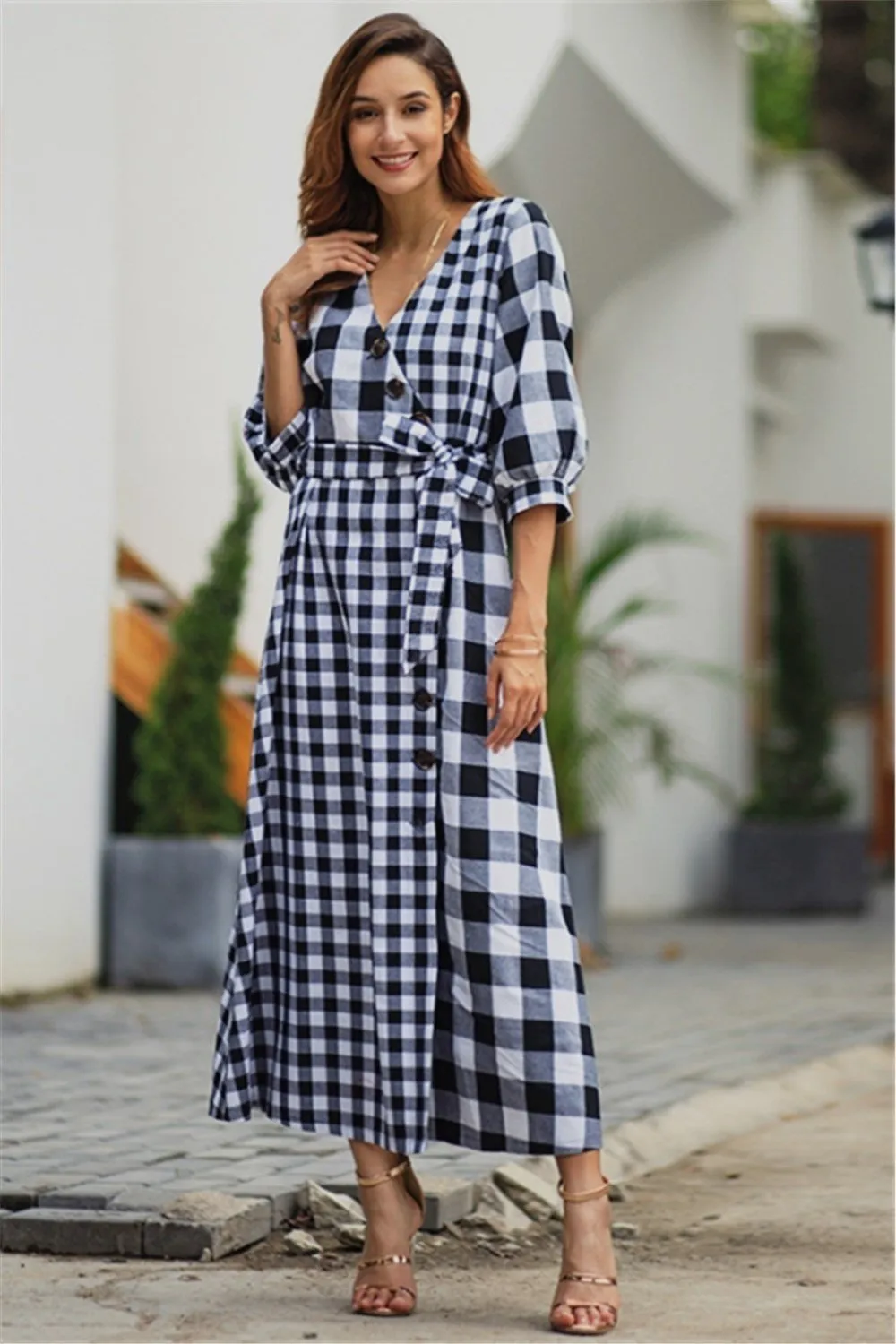 Vintage Plaid Wrap Knot Mid Dress