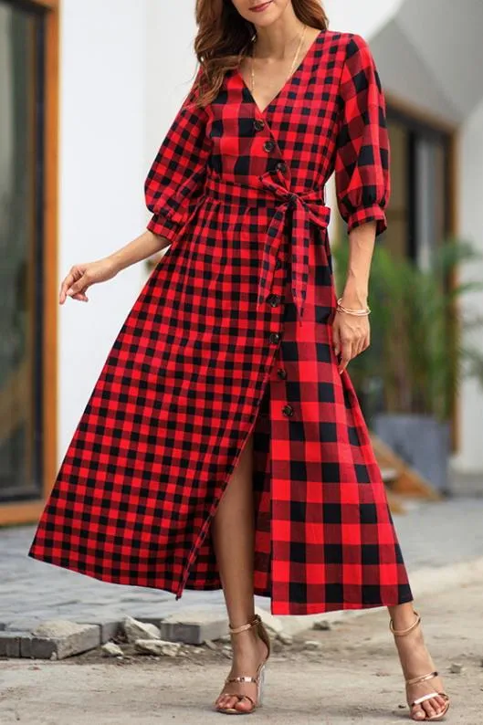 Vintage Plaid Wrap Knot Mid Dress