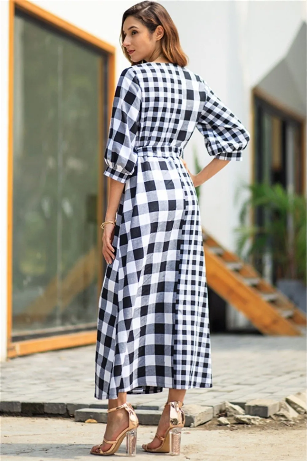 Vintage Plaid Wrap Knot Mid Dress