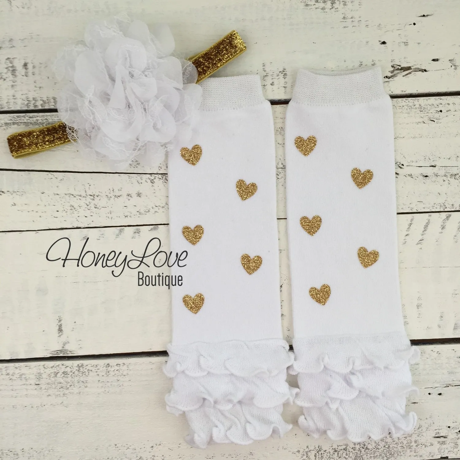 White and gold glitter heart ruffle bottom leg warmers and matching headband