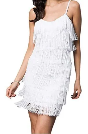 White Color Women's Short All-over Fringe Flapper Dress