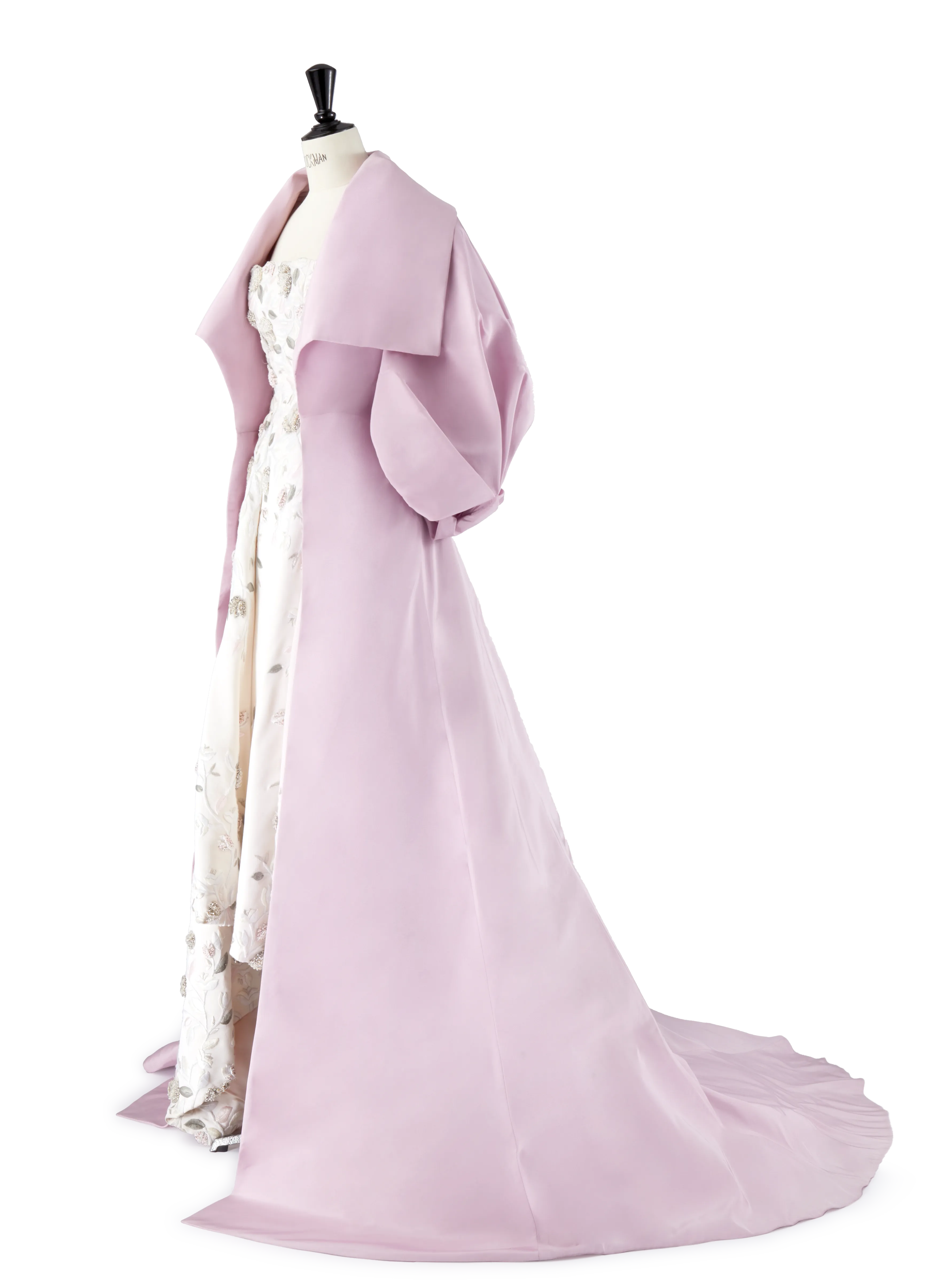 White Silk Embroidered Gown with Rose Pink Silk Coat