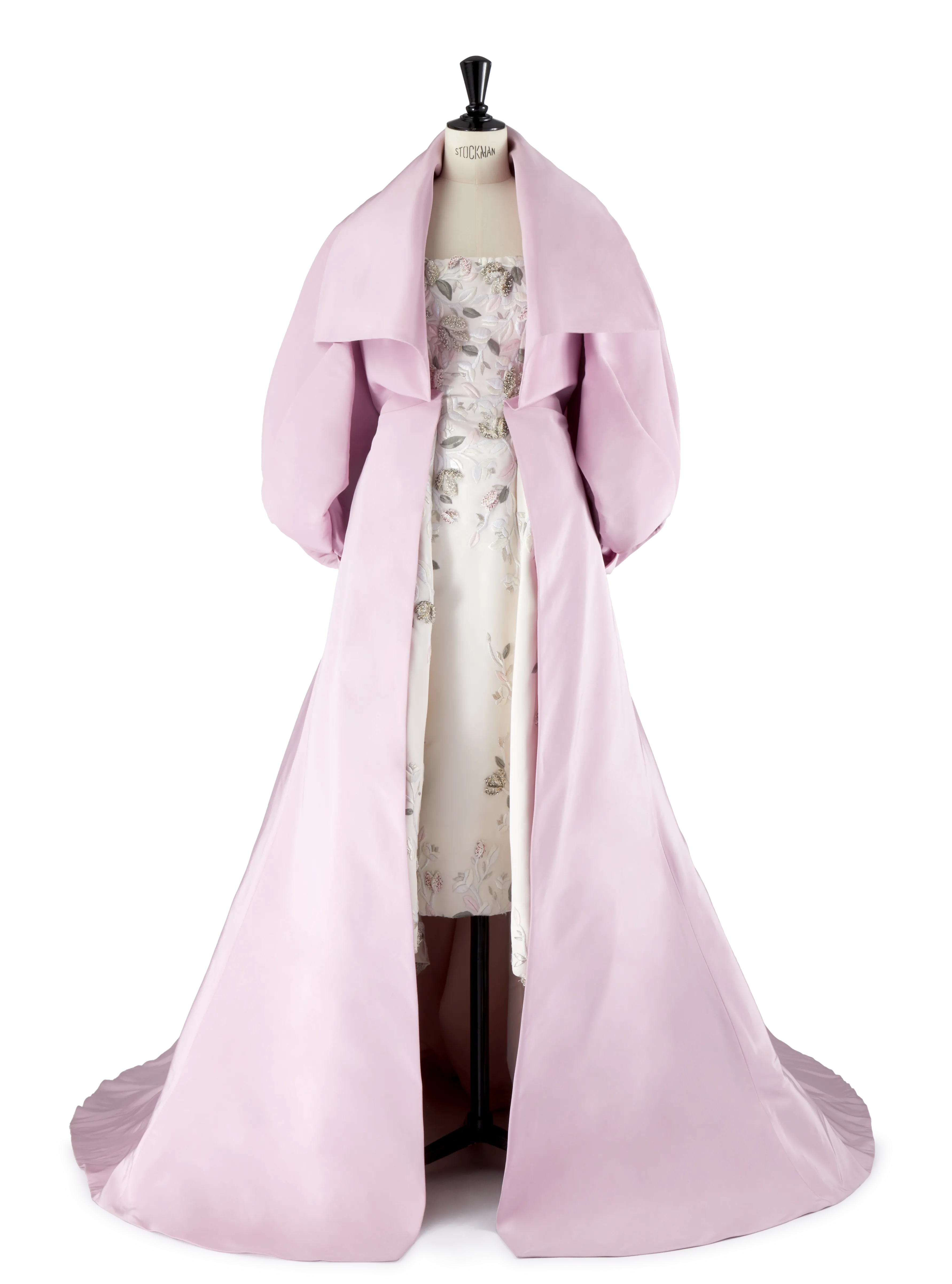 White Silk Embroidered Gown with Rose Pink Silk Coat