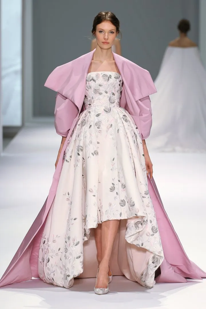 White Silk Embroidered Gown with Rose Pink Silk Coat