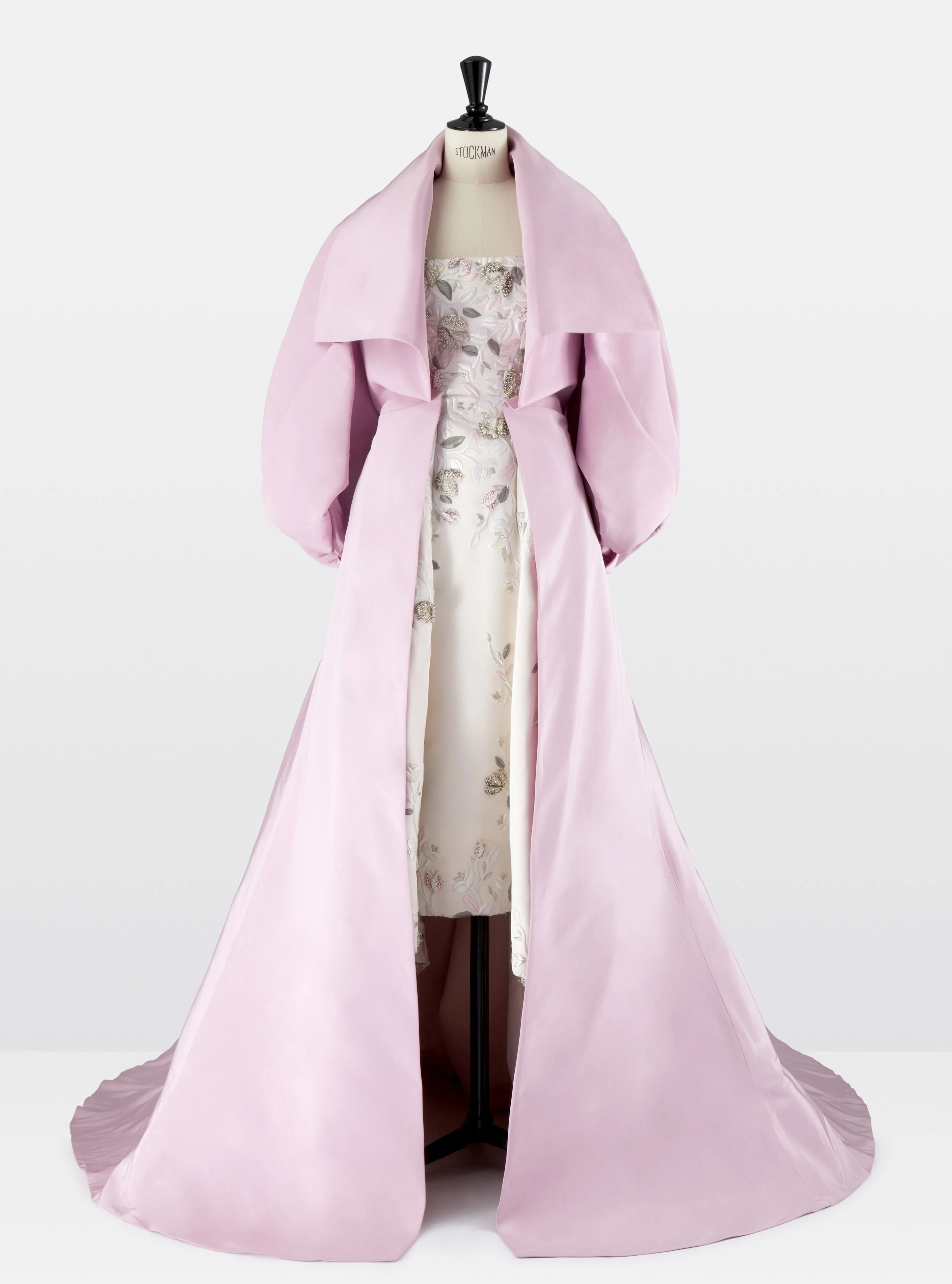 White Silk Embroidered Gown with Rose Pink Silk Coat