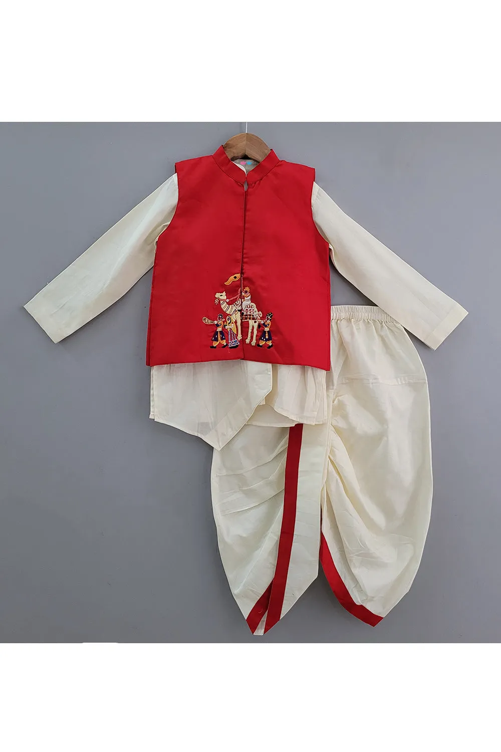 White Silk Kurta With Red Embroidered Jacket Set