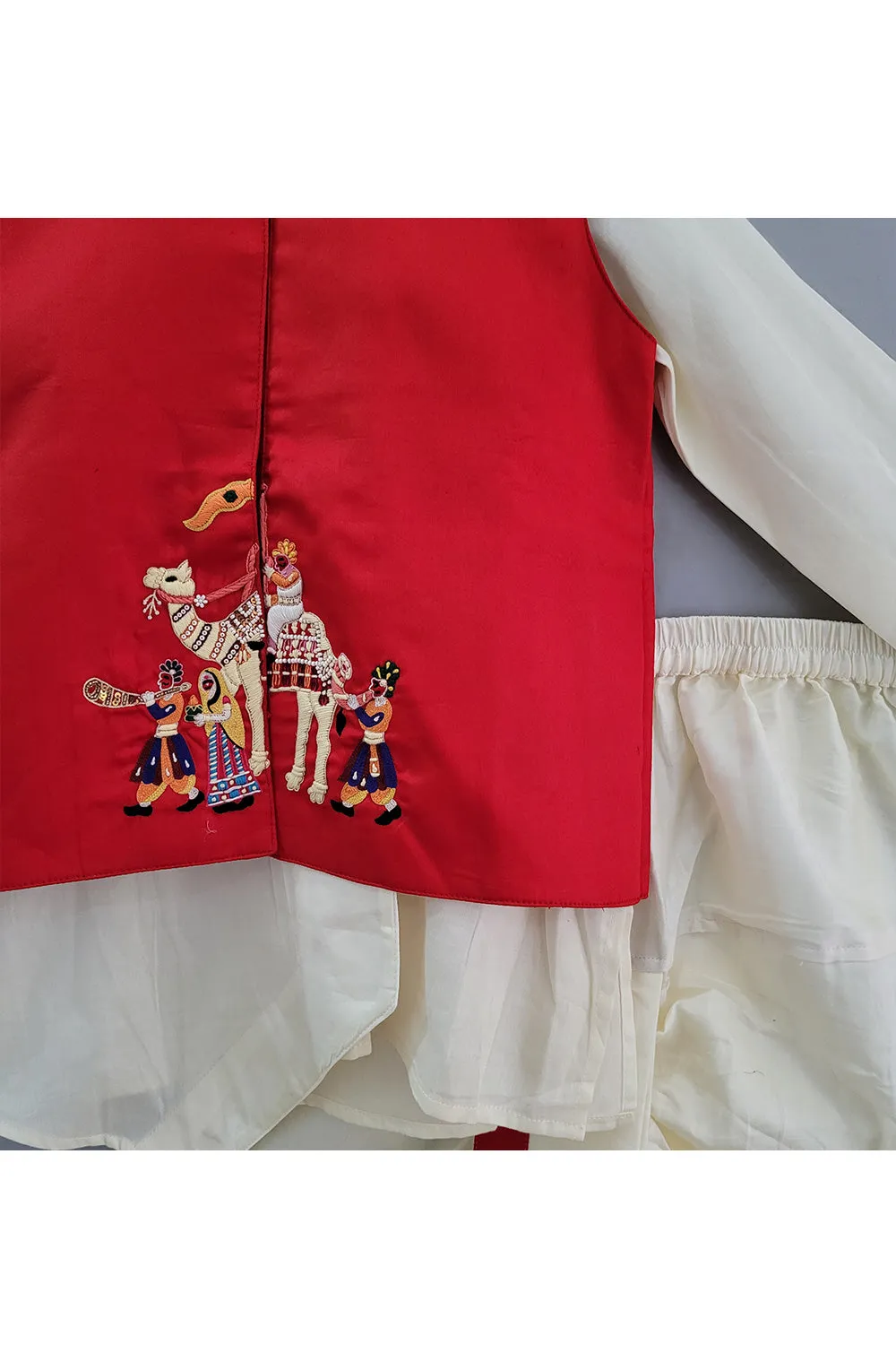 White Silk Kurta With Red Embroidered Jacket Set