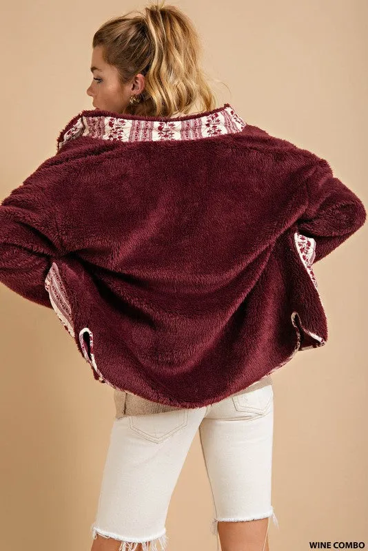 Wine Combo Sherpa Contrast Ethnic Printed Jacket