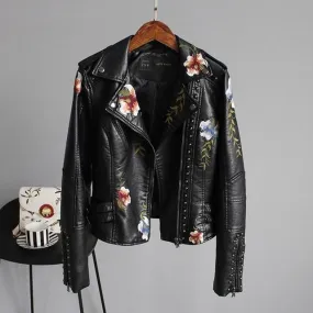 Women Floral Print Embroidery Faux Soft Leather Jacket