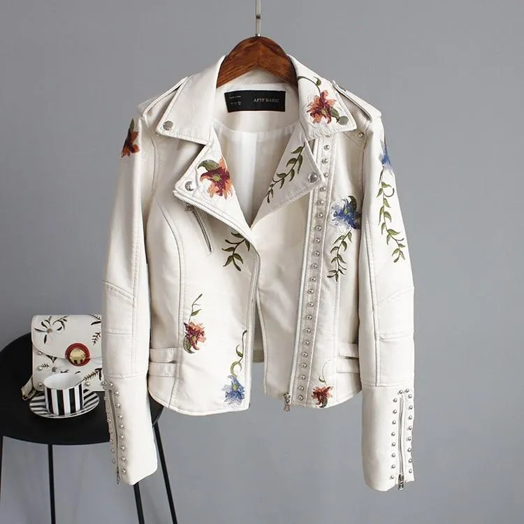 Women Floral Print Embroidery Faux Soft Leather Jacket