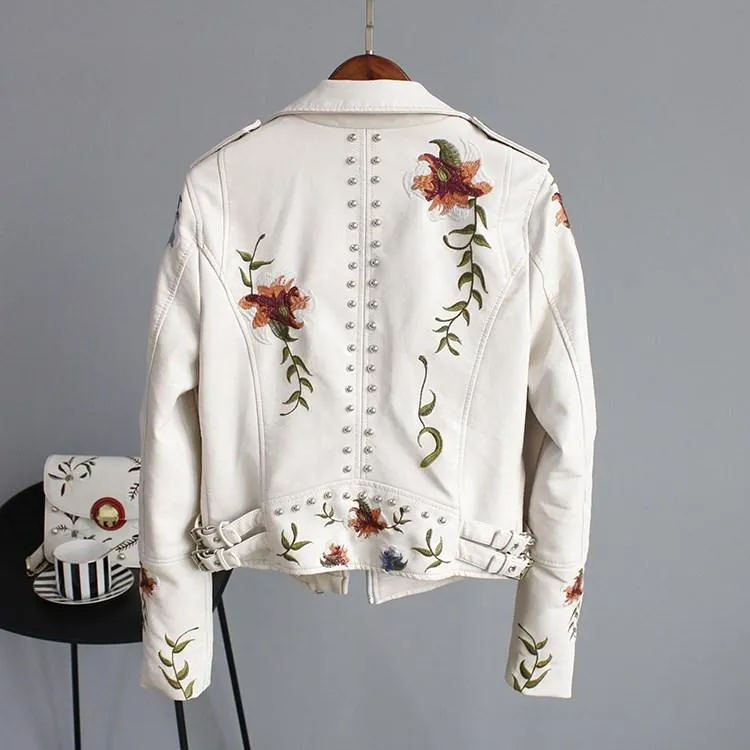 Women Floral Print Embroidery Faux Soft Leather Jacket