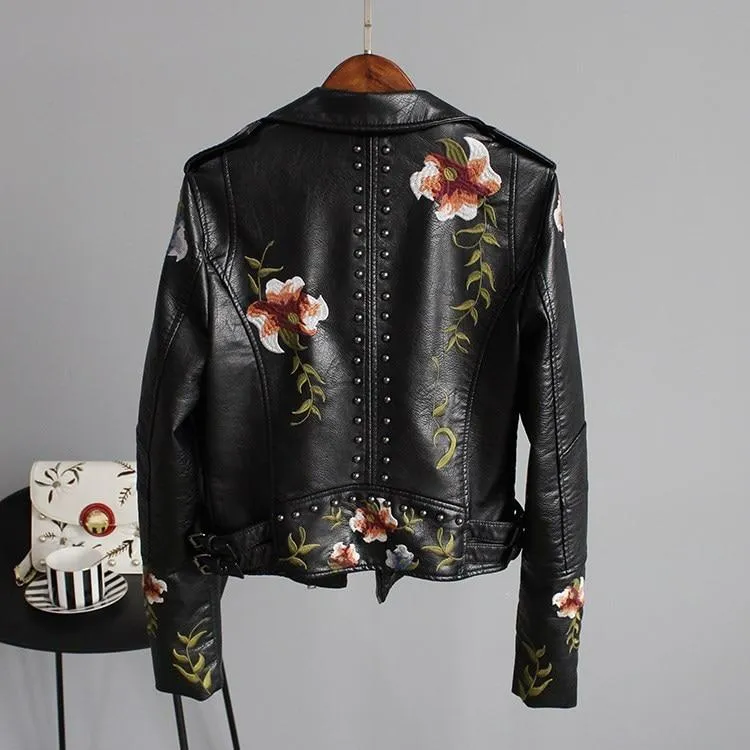 Women Floral Print Embroidery Faux Soft Leather Jacket