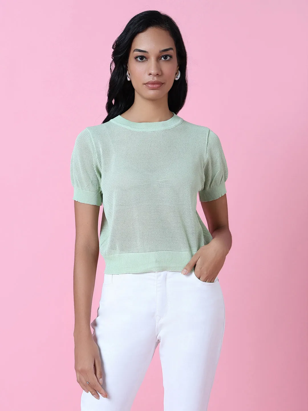 Women Green Solid Sheer Top