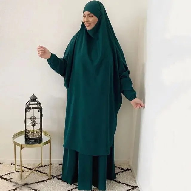 Women's 2-Piece Jilbab Set: Muslim Prayer Garment with Long Khimar and Niqab - Ramadan Abaya Dress. (Modest style dress)