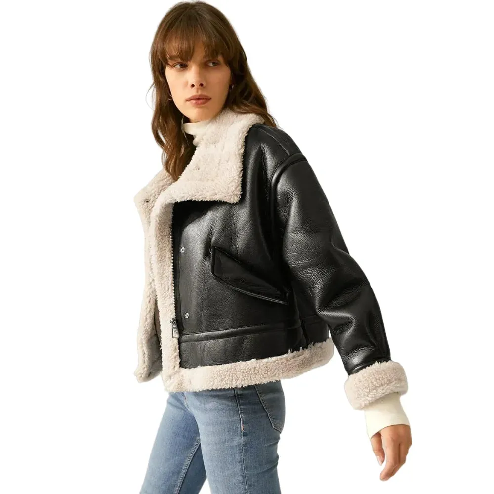 Womens Black Leather Shearling Aviator Jacket