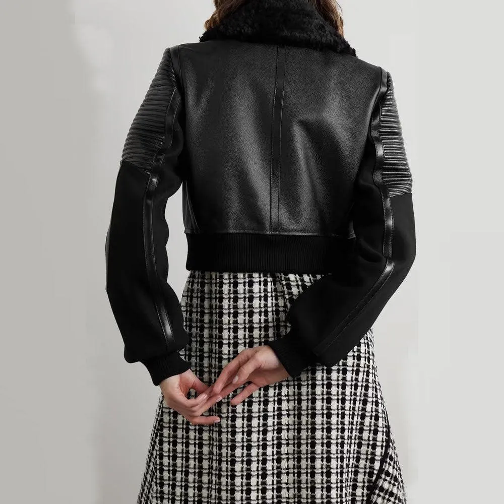 Women's Black Shearling-trimmed textured-leather bomber jacket